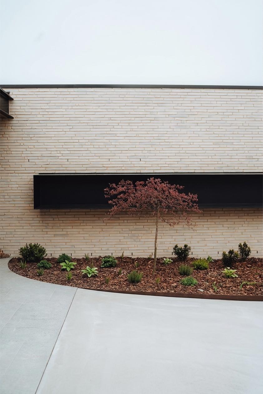 Beige brick wall with a long black planter, a small red-leaf tree, and low shrubs in a curved mulch bed beside a concrete walkway.